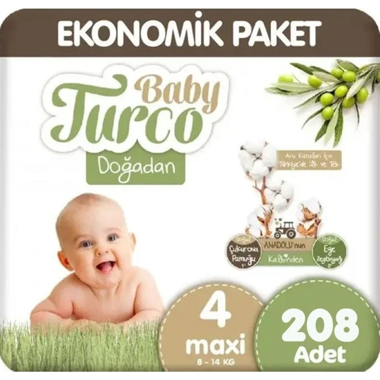 Baby Turco Doğadan Bebek Bezi 4 Numara Maxi Fırsat Paketi 52x4 208Adet.