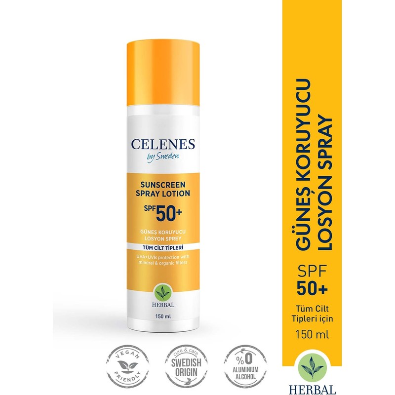 Celenes By Sweden 150 ml Herbal Güneş Koruyucu Losyon Sprey 50 SPF Tüm Cilt Tipleri Suya Dayanıklı
