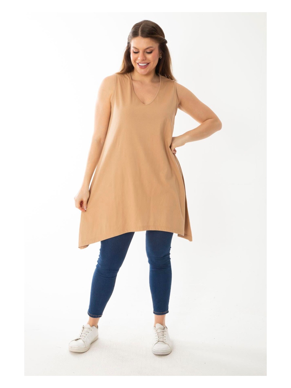 Şans Kadın Büyük Beden Somon V Yakalı Uzun Kolsuz Bluz 65N36920 - Görsel 5