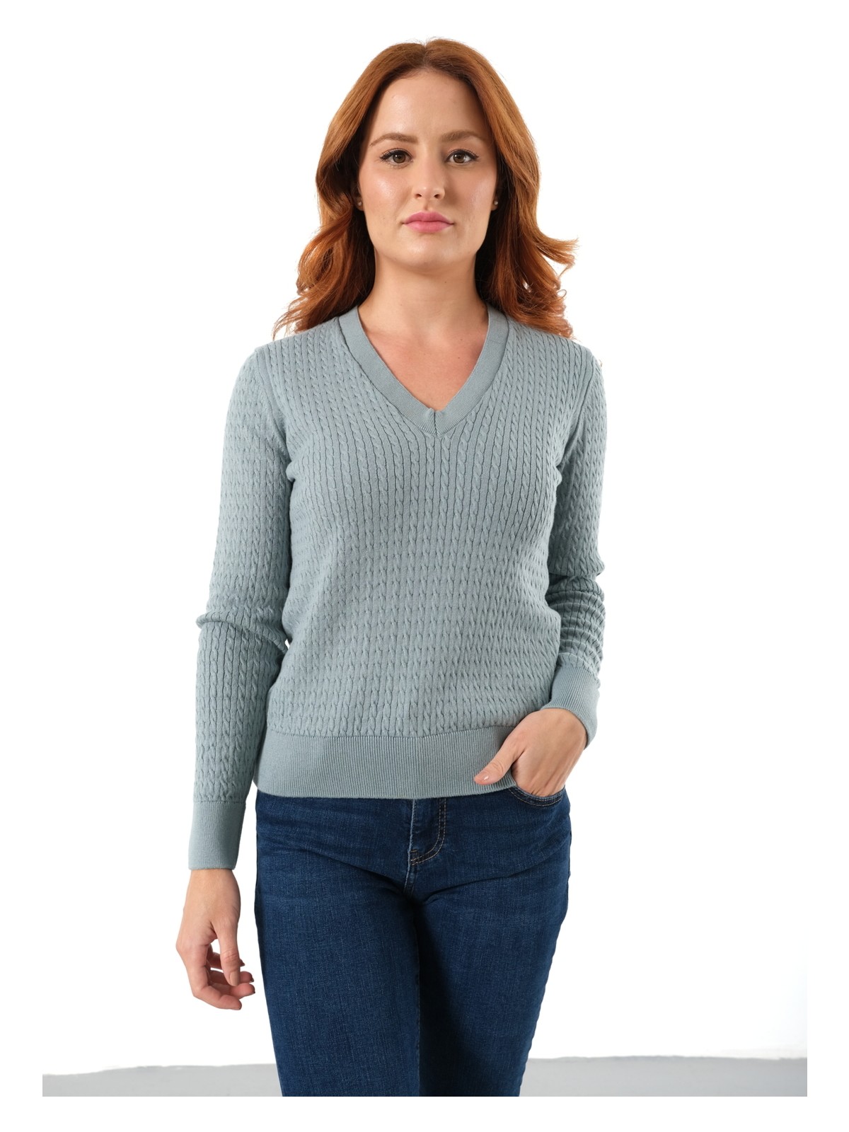 Trist Star Kadın Petrol %100 Organik Pamuk V Yaka Saç Örgülü Triko Kazak Örme Bluz TRIST-6155