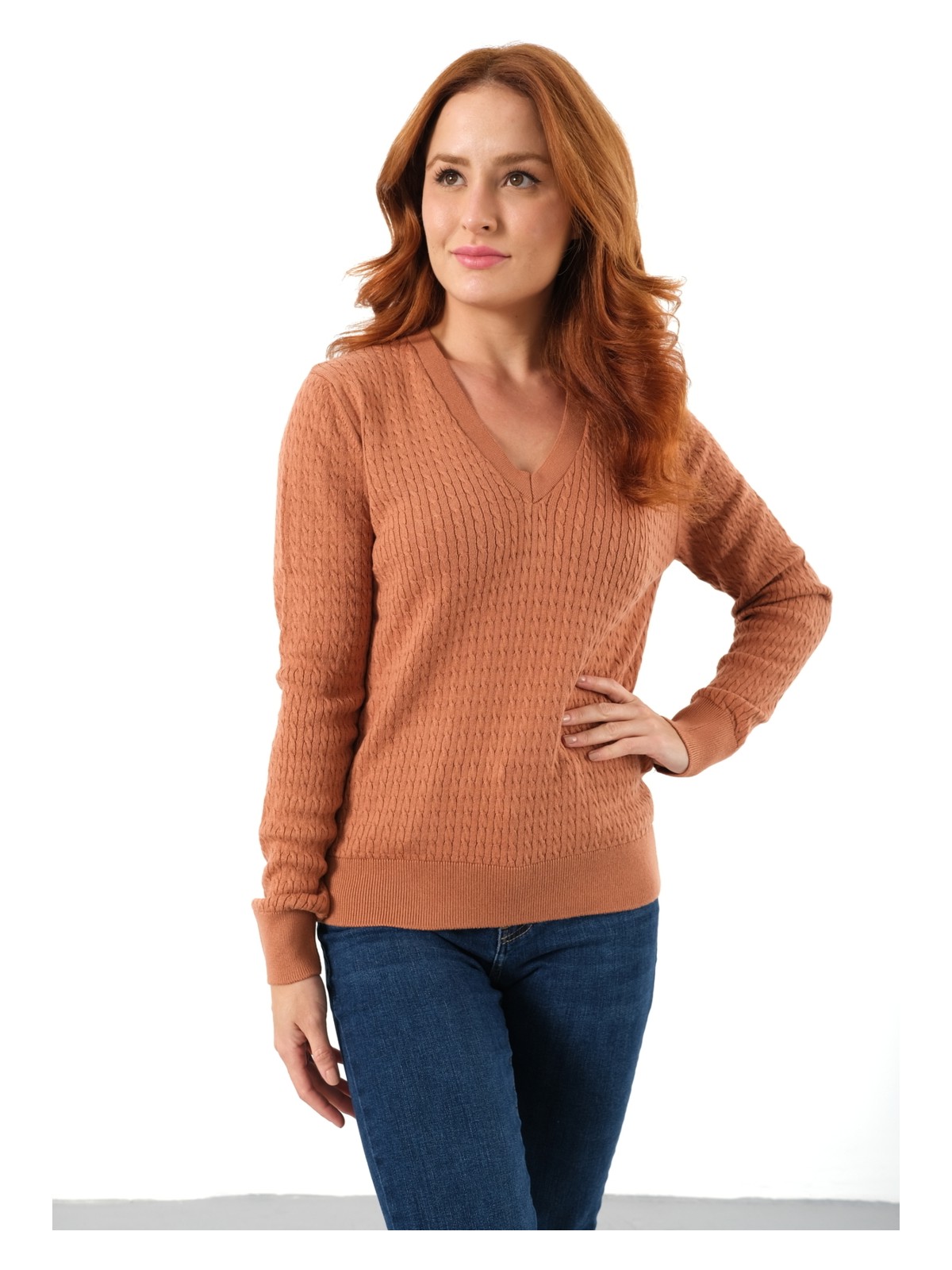 Trist Star Kadın Kiremit %100 Organik Pamuk V Yaka Saç Örgülü Triko Kazak Örme Bluz TRIST-6155