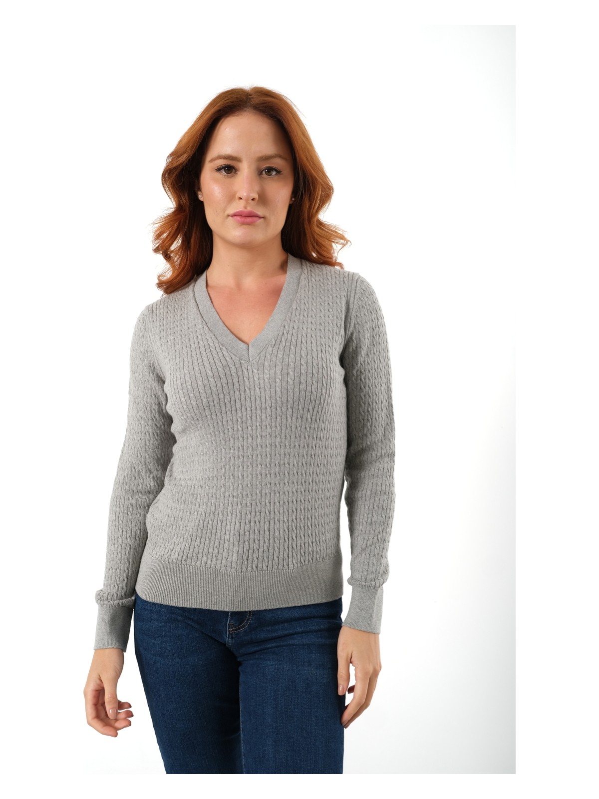 Trist Star Kadın Gri %100 Organik Pamuk V Yaka Saç Örgülü Triko Kazak Örme Bluz TRIST-6155