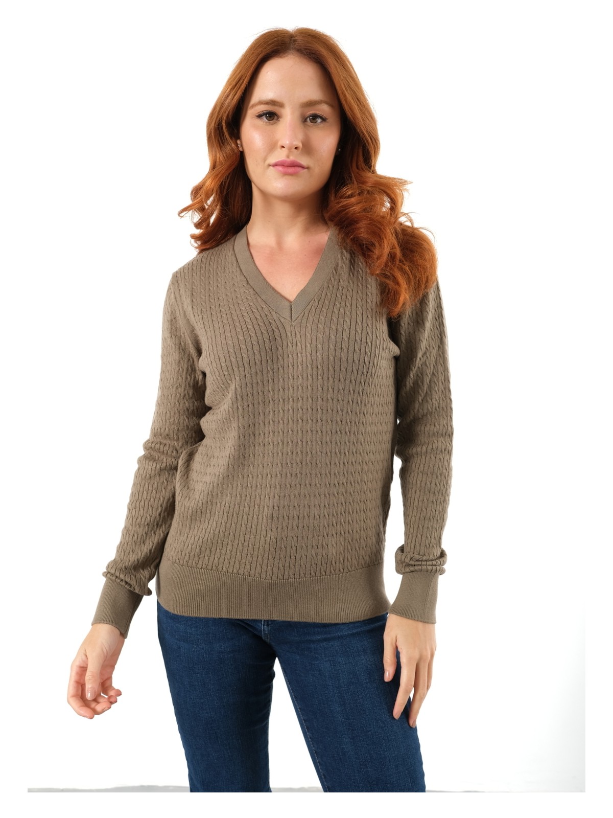 Trist Star Kadın Gri %100 Organik Pamuk V Yaka Saç Örgülü Triko Kazak Örme Bluz TRIST-6155 - Görsel 4