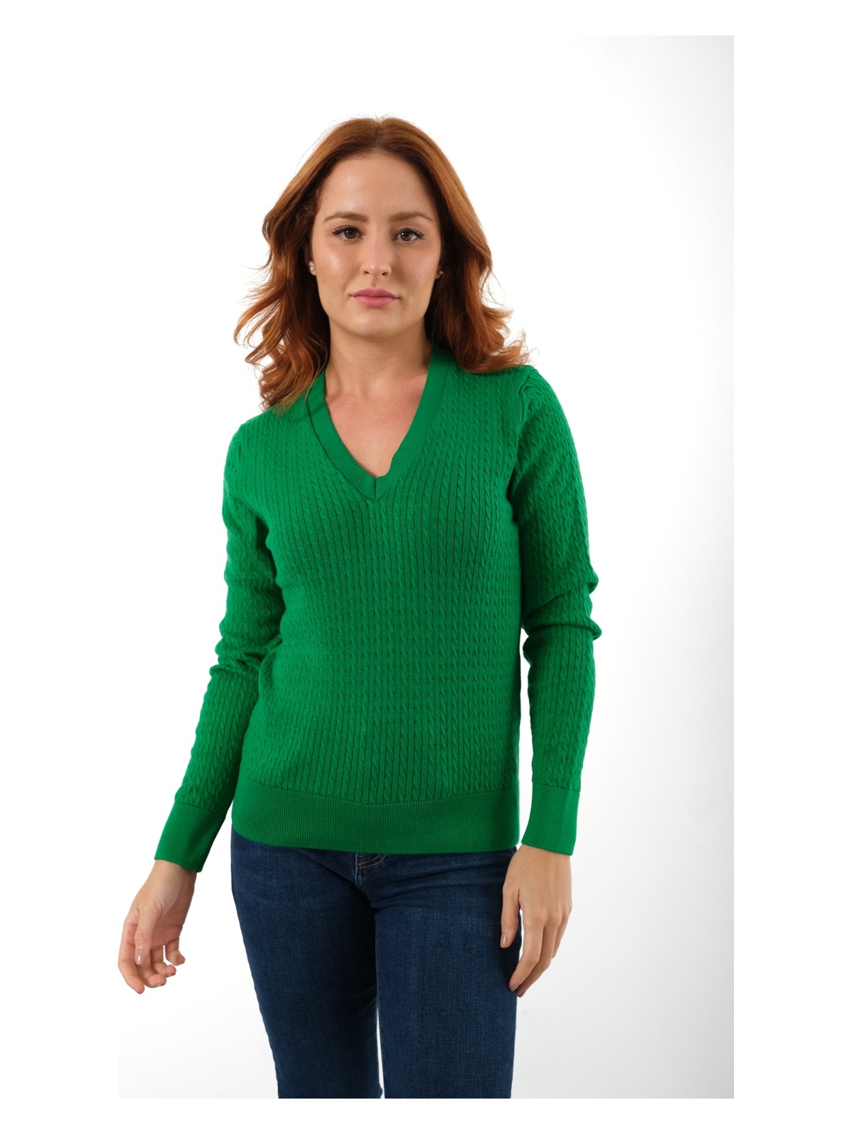 Trist Star Kadın Yeşil %100 Organik Pamuk V Yaka Saç Örgülü Triko Kazak Örme Bluz TRIST-6155