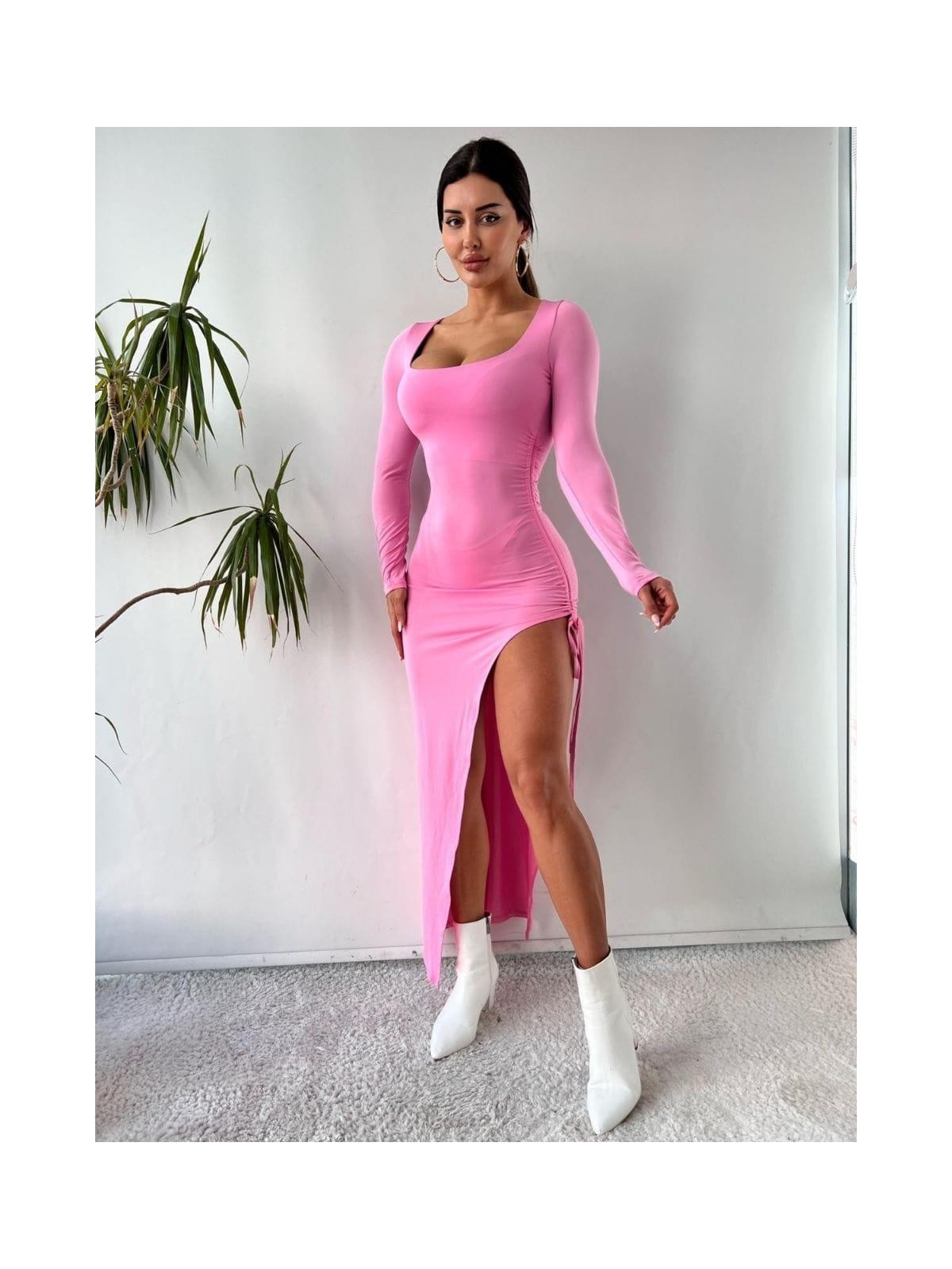 Pink Life Pembe Kriptografik İpli Bacak Dekolteli Maksi Elbise