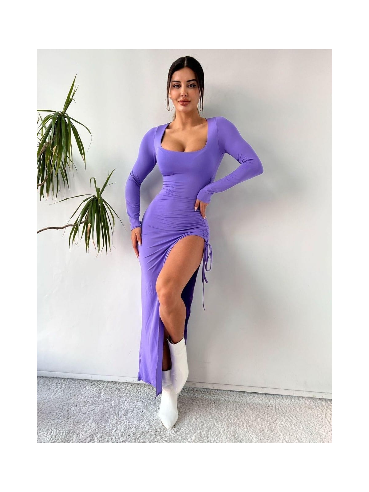 Pink Life Pembe Kriptografik İpli Bacak Dekolteli Maksi Elbise - Görsel 4