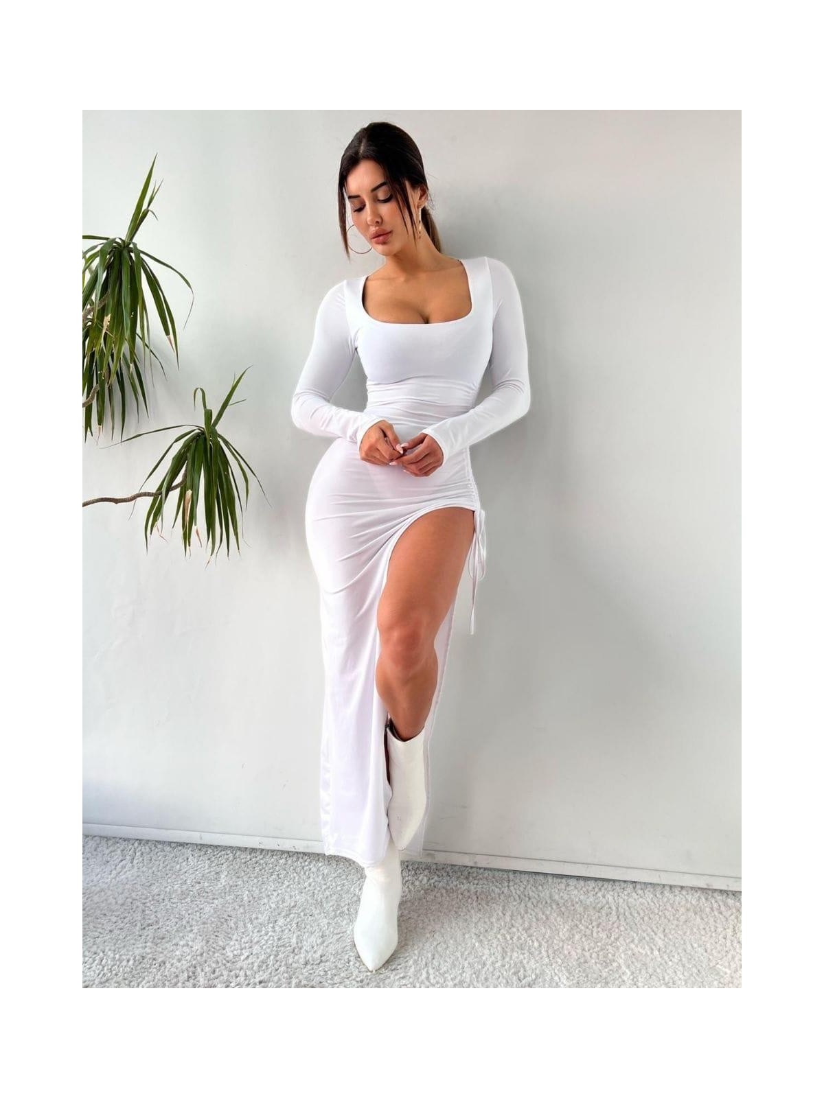 Pink Life Pembe Kriptografik İpli Bacak Dekolteli Maksi Elbise - Görsel 5