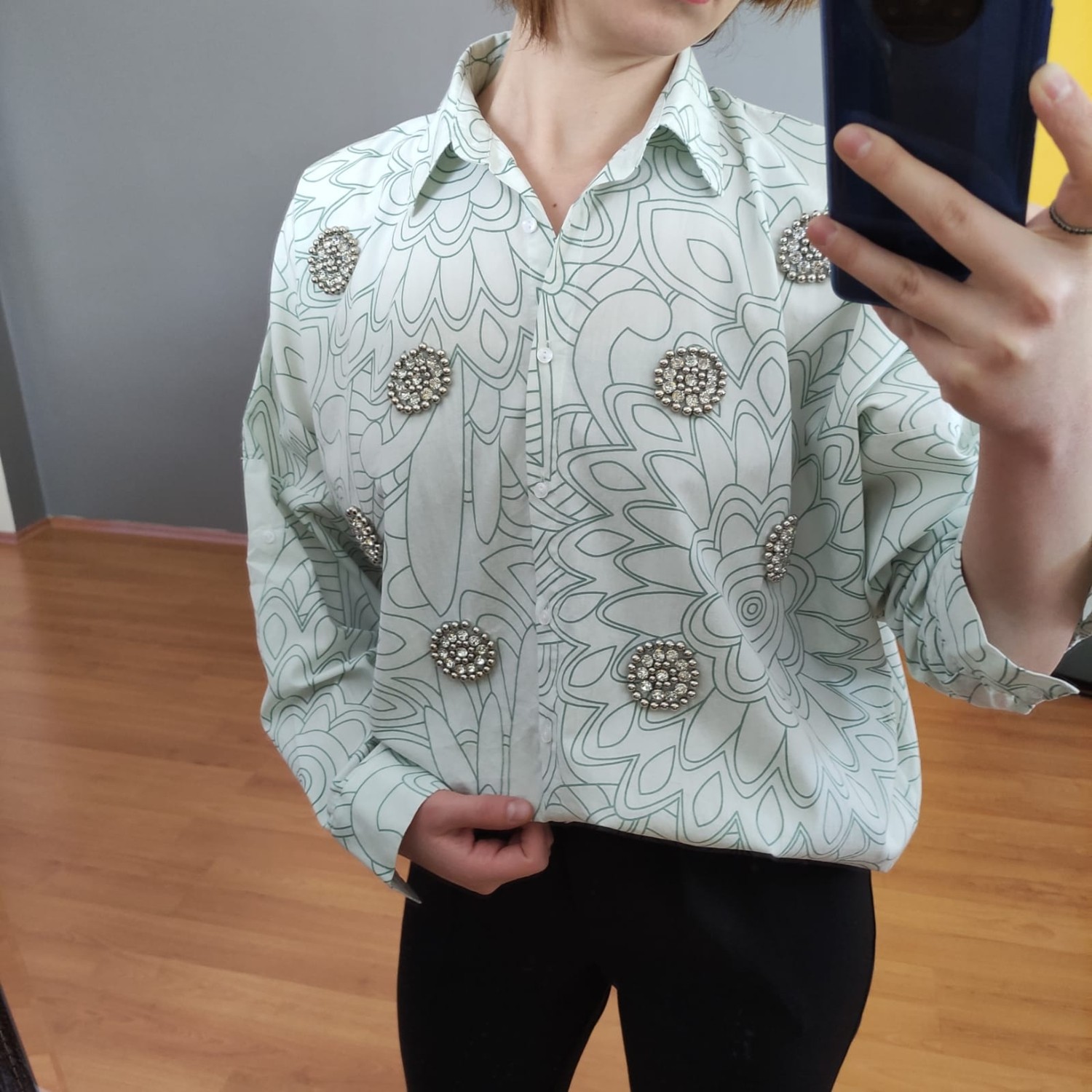 Deseo Boutique Kadın Su Yeşili Renk Standart Beden(Max 44 Beden) Işlemeli Gömlek