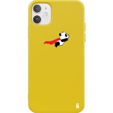 Casen iPhone 11 Silikon Özel Tasarım Uçan Sevimli Küçük Panda Minimal Sarı Renkli Telefon Kılıfı