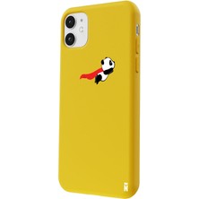 Casen iPhone 11 Silikon Özel Tasarım Uçan Sevimli Küçük Panda Minimal Sarı Renkli Telefon Kılıfı