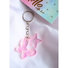 Shushu Design Pembe Simli Epoksi Kelebek Yıldız Anahtarlık