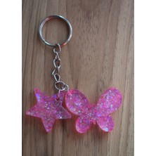 Shushu Design Pembe Simli Epoksi Kelebek Yıldız Anahtarlık