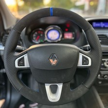 Renault Fluence Araca Özel Direksiyon Kılıfı (Karbon Alcantra Mavi Yüzük)