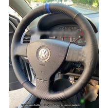 İmza Volkswagen Caddy 2007-2010 Araca Özel Dikmeli Direksiyon Kılıfı (Karbon Nokta Mavi Yüzüklü)