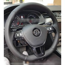 Volkswagen Caddy 2016 - 2019 Araca Özel Dikmeli Direksiyon Kılıfı (Nokta Düz Siyah Dikişli)