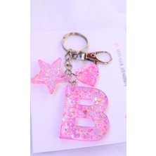 Shushu Design Harf Anahtarlık Simli Pembe Epoksi Kalp Yıldız Anahtarlık