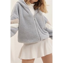Pullaps Gri Kapüşonlu Fermuarlı Kolları Renk Bloklu Oversize Peluş Sweatshirt