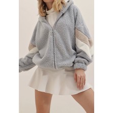 Pullaps Gri Kapüşonlu Fermuarlı Kolları Renk Bloklu Oversize Peluş Sweatshirt