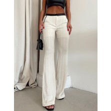My Model Ekru Deri Detaylı Geniş Paça Örme Pantolon