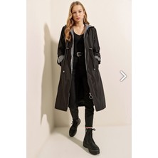 Etiket Moda Siyah Beli Büzgülü Kapişonlu Trençkot