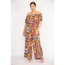 Şans Kadın Bordo Büyük Beden Yaka Beli Lastik Detaylı Dokuma Viskon Kumaş Renkli Tulum