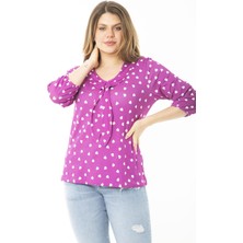 Şans Kadın Büyük Beden Eflatun Yaka Fularlı Kalp Desenli Bluz 65N37144