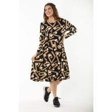 Şans Kadın Büyük Beden Renkli Uzun Kollu Desenli Elbise 65N37189