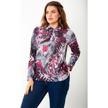 Şans Kadın Büyük Beden Bordo Ön Patı Fermuarlı Uzun Kollu Desenli Bluz 65N37218