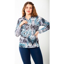 Şans Kadın Büyük Beden Bordo Ön Patı Fermuarlı Uzun Kollu Desenli Bluz 65N37218