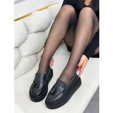 Erva'nın Butiği Siyah Cilt (Line) Püskül Detay Kadın Loafer