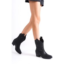 She Kadın Siyah Vegan Deri Nakışlı Western Kısa Kovboy Çizme Boy