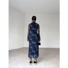 Lisaa Butik Kadın Midi Boy Çiçek Desenlitül Elbise