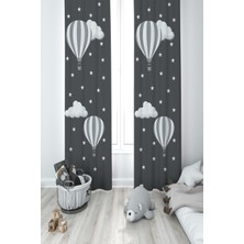 Mekta Home Bebek ve Çocuk Odası Bulutlu Yıldız ve Uçan Balon Desenli 2 Kanat Fon Perde