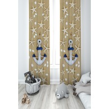 Mekta Home Bebek ve Çocuk Odası Kahverengi Çapa Desenli 2 Kanat Fon Perde