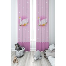 Mekta Home Bebek ve Çocuk Odası Pembe Kuğu Desenli 2 Kanat Fon Perde