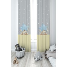 Mekta Home Bebek ve Çocuk Odası Yıldız ve Ayıcık Desenli Sarı Çizgili 2 Kanat Fon Perde