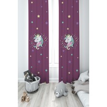 Mekta Home Bebek ve Çocuk Odası Renkli Unicorn Desenli Mor 2 Kanat Fon Perde