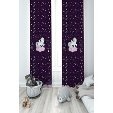 Mekta Home Bebek ve Çocuk Odası Pembe Bulut Üzerinde Unicorn Desenli Mor 2 Kanat Fon Perde