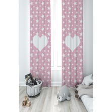 Mekta Home Bebek ve Çocuk Odası Kalp ve Yıldız Desenli 2 Kanat Fon Perde