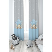 Mekta Home Bebek ve Çocuk Odası Yıldız ve Ayıcık Desenli Mavi Çizgili 2 Kanat Fon Perde