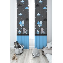 Mekta Home Bebek ve Çocuk Odası Yeşil Balonlu ve Bisikletli Fil Desenli  2 Kanat Fon Perde