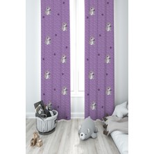 Mekta Home Bebek ve Çocuk Odası Mor Unicorn Desenli 2 Kanat Fon Perde