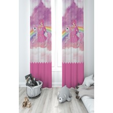 Mekta Home Bebek ve Çocuk Odası Gökuşağı ve Unicorn Desenli 2 Kanat Fon Perde