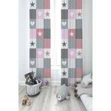 Mekta Home Bebek ve Çocuk Odası Soft Yıldız ve Kalp Desenli 2 Kanat Fon Perde