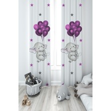 Mekta Home Bebek ve Çocuk Odası Filli ve Mor Balon Desenli 2 Kanat Fon Perde
