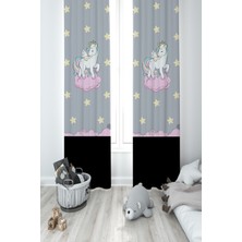 Mekta Home Bebek ve Çocuk Odası Seksekli Unicorn Desenli 2 Kanat Fon Perde
