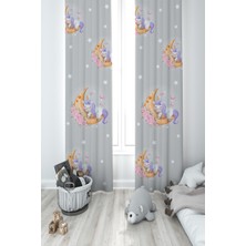 Mekta Home Bebek ve Çocuk Odası Aya Sarılan Unicorn Desenli Gri 2 Kanat Fon Perde