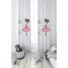 Mekta Home Bebek ve Çocuk Odası Balerin Kız ve Kedi Desenli Motifli 2 Kanat Fon Perde