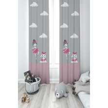 Mekta Home Bebek ve Çocuk Odası Prenses Kız ve Tavşan Desenli Seksekli 2 Kanat Fon Perde
