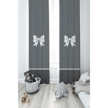 Mekta Home Bebek ve Çocuk Odası  Kurdele Desenli Gri 2 Kanat Fon Perde